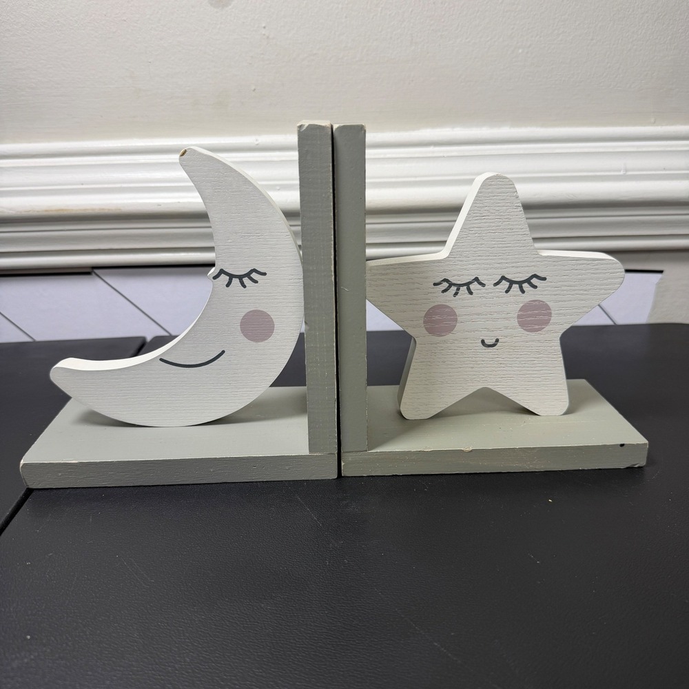 Moon Star Bookends Kids Gray White Celestial Nursery Decor minimalist grey